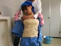 Maintenance gal sucks dick in the bathroom and has her tits