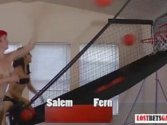 Two cute girls Salem and Fern play strip basketball shootout