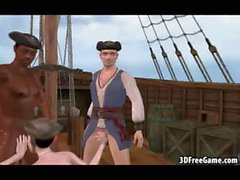 Foxy 3D cartoon pirate babe sucking on two cocks